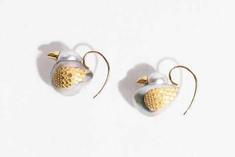 "Birds of a Feather" Grey Pearl Earrings